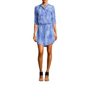 Rebecca Taylor Blue Leopard Fever 100% Silk Roll Up Sleeve Shirt Dress Sz 2 $395